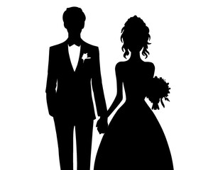 silhouette of bride and groom, silhouette of married couple, icon isolated on white background
