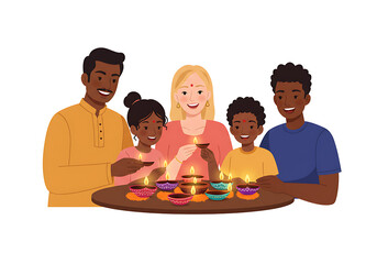 A Multiracial Family Celebrates Diwali with Lit Diyas Festive Gathering of Diverse Family Members Lighting Traditional Oil Lamps