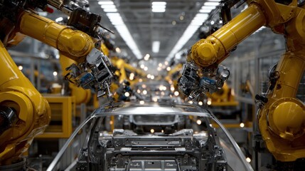 Obraz premium Robotic arms assemble car parts in factory