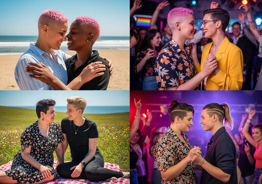 A heartfelt collage celebrating love, joy, and connection within diverse LGBTQ+ relationships, featuring moments of intimacy and celebration