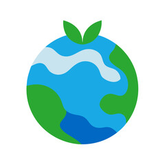 Stylized earth with green leaves sprouting from the top representing growth and nature