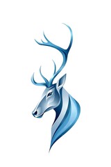 Minimalist abstract reindeer with curved wave antlers, icy blue and silver tones, snowy white background, side profile composition