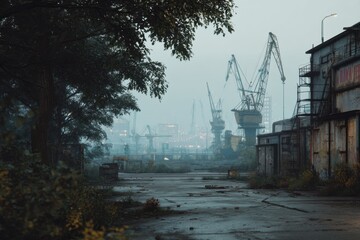 Abandoned factory area in industrial zone, workers leaving, smoggy skyline with cranes in silence.