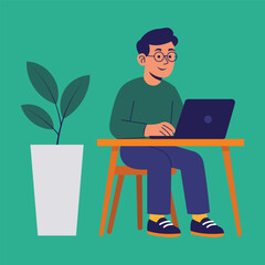 Man Working on Laptop with Plant Decoration