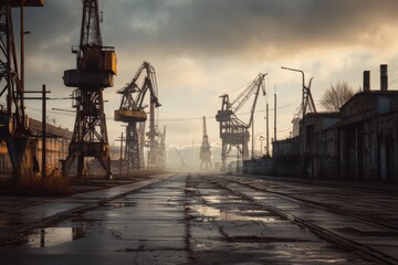 Abandoned factory area in industrial zone, workers leaving, smoggy skyline with cranes in silence.
