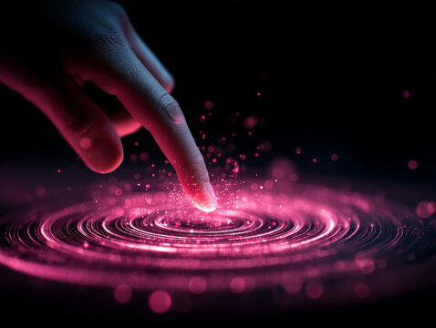 Hand reaching towards glowing pink circle surrounded by sparkling particles creates sense of wonder and magic