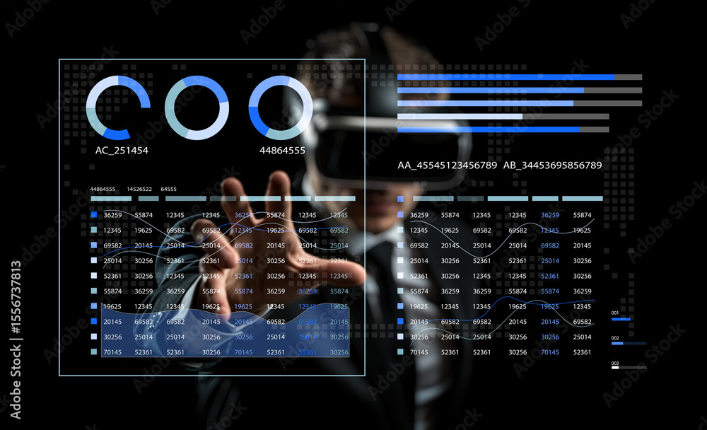 Poster futuristic business professional interacting with advanced data visualization technology in virtual 
