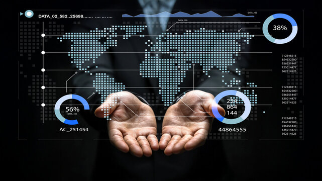 Hands Holding Digital World Map with Graphical Data Visualization and Statistical Charts Representing Global Connectivity and Analysis