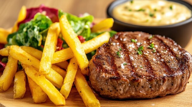 Juicy grilled steak served with golden fries, fresh salad, and a creamy dipping sauce on a wooden plate.