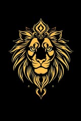 Obraz premium Majestic lion head in regal pose, gold foil vector art, clean linework with mandala-style detailing, centered composition on black background, noble and elegant aesthetic