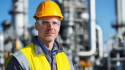 Fototapeta premium Industrial Worker with Safety Gear in Chemical Plant Environment