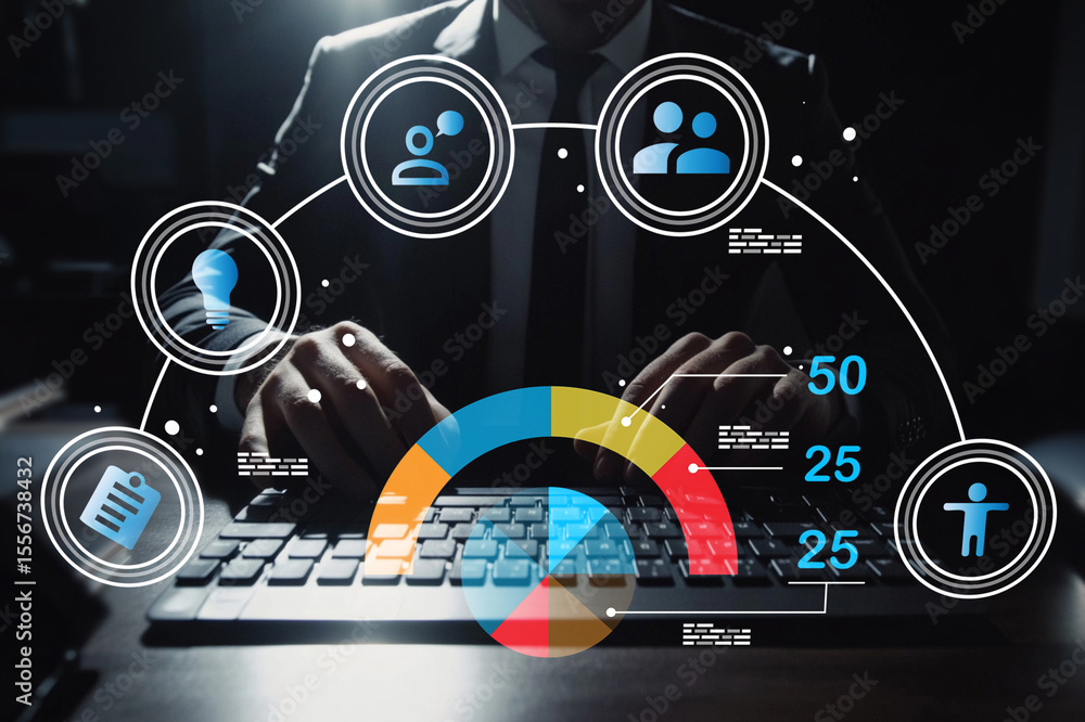 Poster business professional analyzing digital data on keyboard with icons representing technology, teamwor