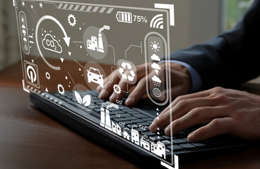 Businessman interacting with futuristic technology interface showing environmental data and...