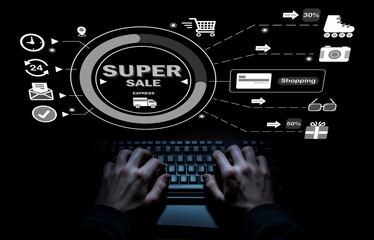 Hands on keyboard engaging in online shopping with digital sale promotions and icons representing discounts and delivery in a modern technological environment