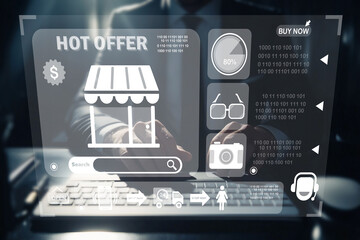Digital interface showcasing a hot offer with icons representing online shopping, discounts, and...