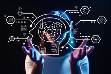 Futuristic Concept of Artificial Intelligence with Abstract Digital Elements and Human Interaction Represented by Gear Icons and Data Connections