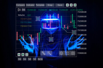 Futuristic trader analyzing financial data through augmented reality technology with holographic...