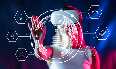 Virtual Reality User Engaging with Global Technology Innovations in an Immersive Learning Environment Featuring Digital Icons and Data Connections