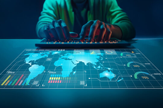 Futuristic Data Analytics Concept with Hands on Keyboard and Global Statistical Graphs and Charts in a Dark Environment