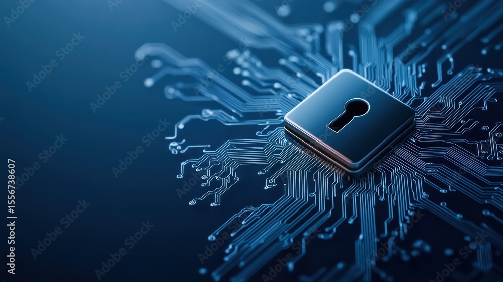 Poster digital lock on circuit board background representing cybersecurity concept