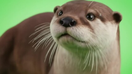 A curious otter against a vibrant green background, its dark eyes and whiskers prominent.