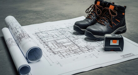 Blueprint for Construction: A construction blueprint, set alongside durable work boots and a level, portrays the planning and meticulousness of architectural design, all against a neutral background