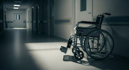 Empty Wheelchair in Hospital Corridor: A lonely wheelchair stands in the dimly lit hallway of a hospital, conveying a sense of solitude and stillness. The light and shadows cast create a strong.