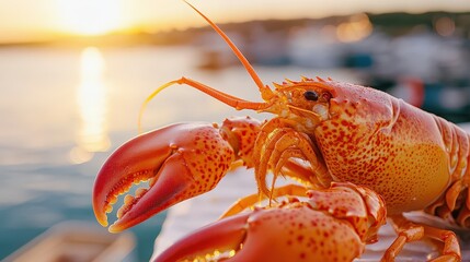 A lobster with large claws sits on a surface near the water at sunset, with a blurred background of boats and glowing sky.