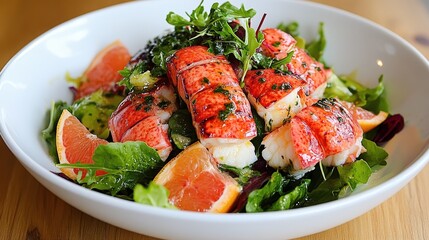 Fresh lobster salad with mixed greens and citrus slices served in a white bowl.