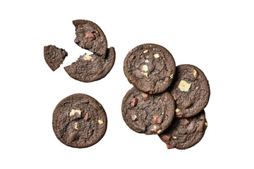Delicious chocolate chip cookies with chunks of white and dark chocolate isolated on transparent...