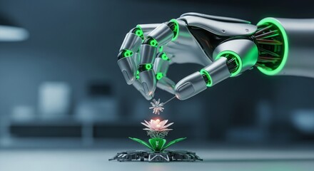 A futuristic robotic arm delicately handles a small flower in a sterile laboratory setting.