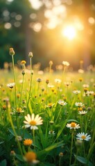 Golden Meadow Wildflowers Swaying Gently in Summer Sunlight, Idyllic Rural Landscape, Tranquil Nature Scene Perfect for Relaxation and Travel