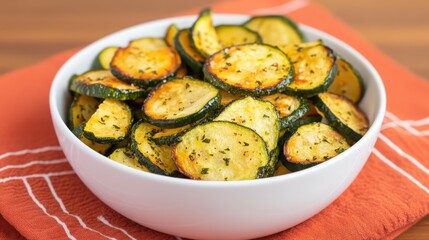 Crispy baked zucchini chips seasoned with herbs, served in a white bowl on an orange napkin.