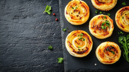 Golden, savory puff pastry pinwheels garnished with fresh herbs on a black slate serving board.