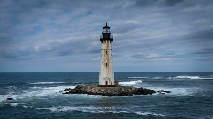 Naklejka premium Lighthouse on a Rocky Island Surrounded by the Sea, Evoking Navigation, Coastal Scenery, and Maritime Themes
