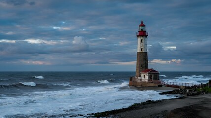 Obraz premium Scenic Lighthouse on Stormy Coastline: Dramatic Seascape with Waves Crashing Against Shore at Dusk, Maritime Navigation Beacon