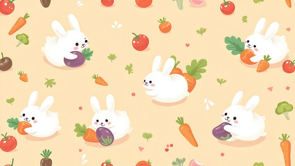 Adorable pattern featuring cute bunnies, fresh carrots, tomatoes, eggplants, and broccoli, perfect for springtime designs and cheerful illustrations