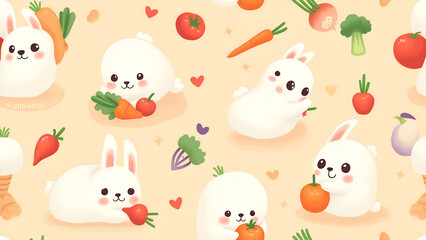 Adorable seamless pattern featuring cute white bunnies, seals and colorful vegetables, perfect for children's products