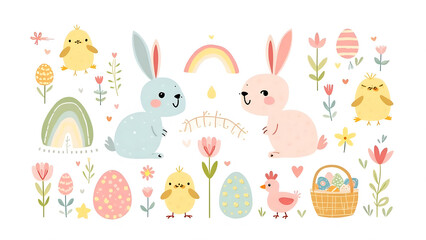 Delightful easter illustration featuring cute rabbits, chicks, easter eggs, rainbow, flowers, basket and other spring elements