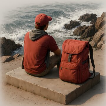 A thoughtful traveler sits by the sea, backpack beside him, contemplating the vast ocean horizon.