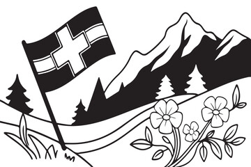 black and white  swiss flag mountains and flowers in a landscape setting design.