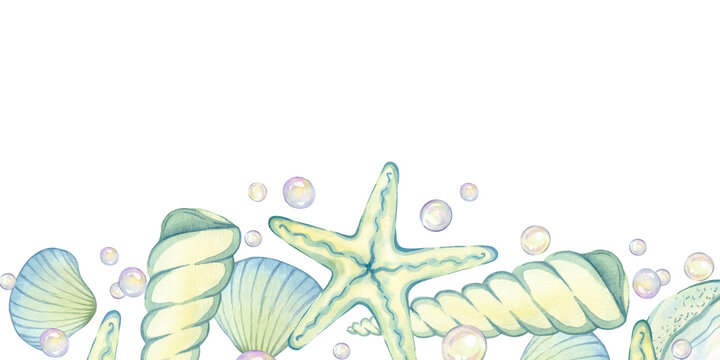 Watercolor square frame made of various seashells, conch, starfish, pearl, oceanic decor. Hand drawn illustration isolated. Template with a marine theme. Empty space for insertion. Copy space for text