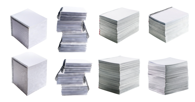 Blank Notepads Stacked in Various Arrangements for Office Use, Bundle Set Collection, Isolated on Transparent Background