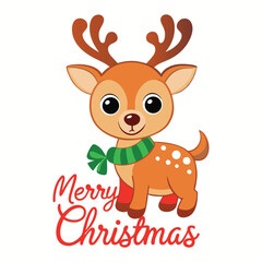 Cheerful Merry Christmas greeting card with a cute jumping reindeer, red nose, and snowflakes, spreading festive joy and warmth for the holiday season.
