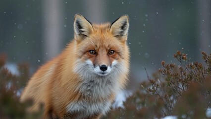 Fototapeta premium A red fox peeks out from behind a bush against a snowy forest backdrop, natural morning light.
