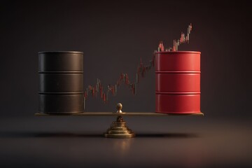 Balanced scale with oil barrel on one side and rising stock index on the other, symbolizing market recovery vs commodity drop.