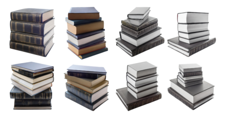 Various Stacked Books with Different Covers and Designs, isolated on transparent background
