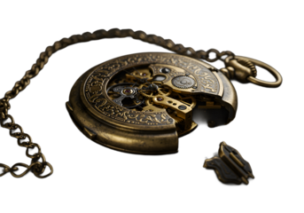 Ornate antique pocket watch with exposed gears isolated on transparent background