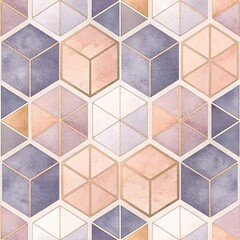 Geometric Watercolor Honeycomb Abstract Pattern With Pastel Cubes and Gold Lines in Decorative Layout