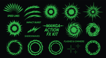 Manga Action FX Kit. Anime Speed Lines. Green energy effect set with impact bursts, shockwaves, and flashes. Vector for comics, games, or animation.